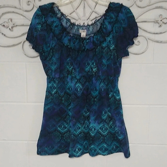 CATO PRINT, PEASANT, GATHERED, SHORT PUFF SLEEVE, STRETCH, TEE - Picture 8 of 8